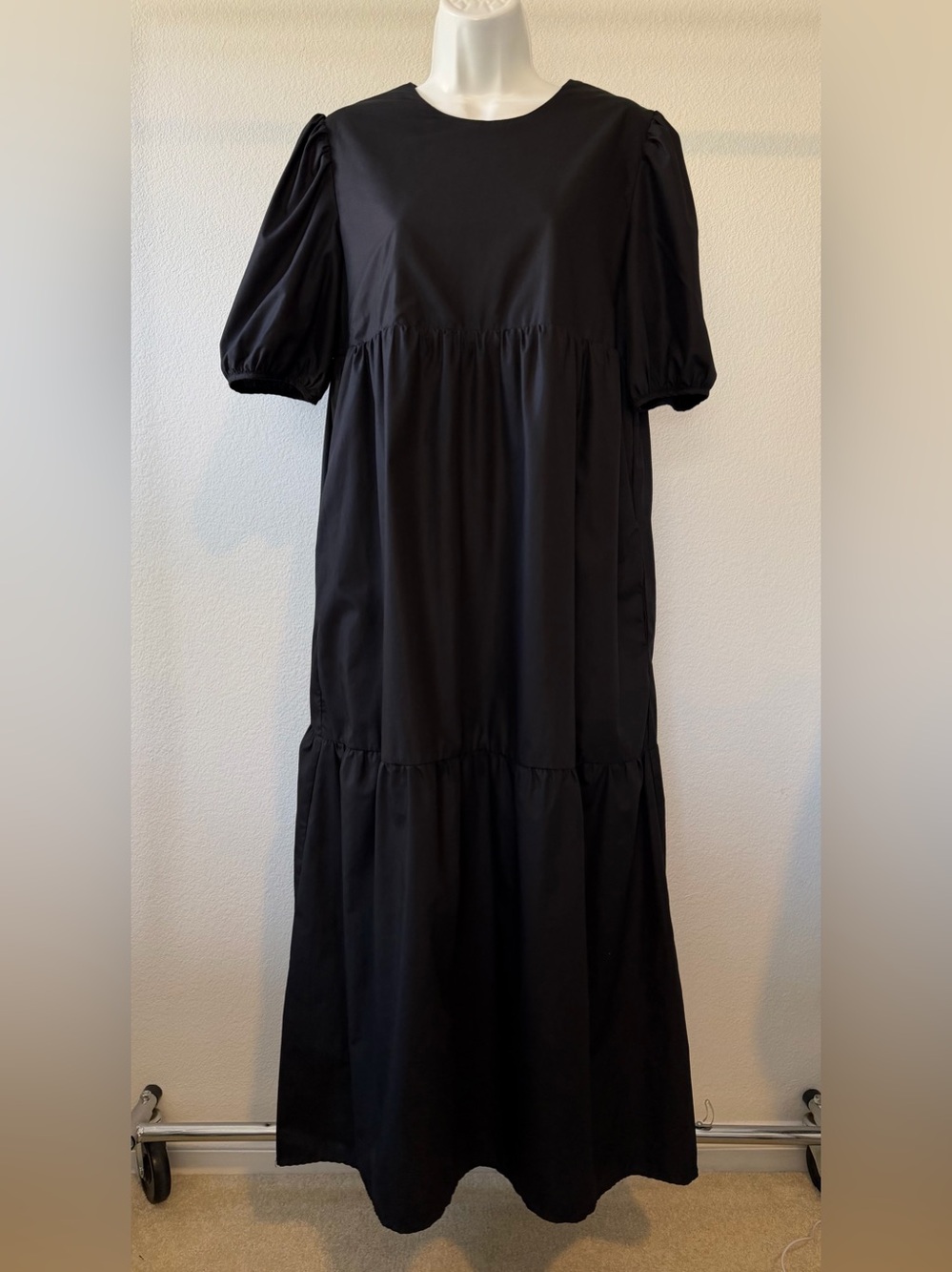 En Saison Poplin Midi Dress Black Puff Sleeve Size Medium - Picture 2 of 15